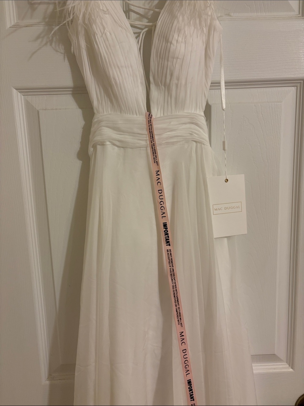 Mac Duggal White Feather-Trim Plunge Maxi Dress - Picture 5 of 12
